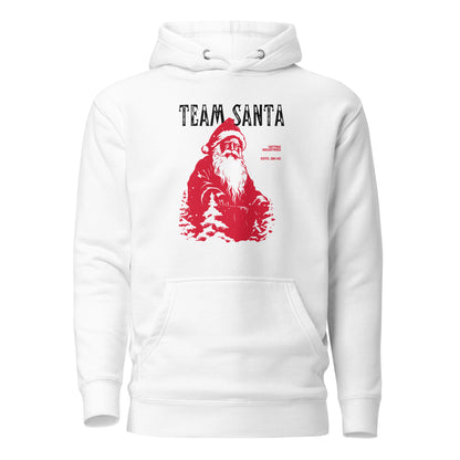 White hoodie, front view with a red Santa illustration and black "Team Santa" lettering.
