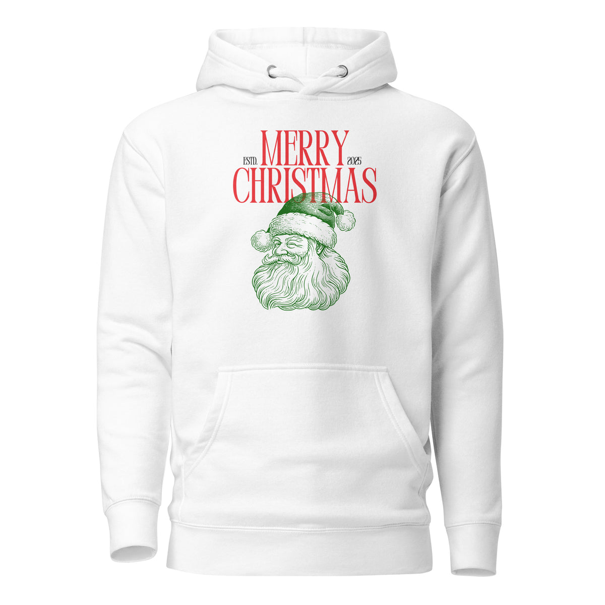 White hoodie with red Merry Christmas 2025 text and green Santa face, front view.