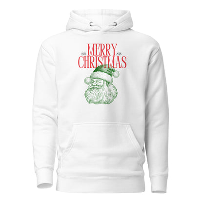 White hoodie with red Merry Christmas 2025 text and green Santa face, front view.