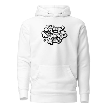 White hoodie with black Merry Christmas Y'all script lettering, front view.