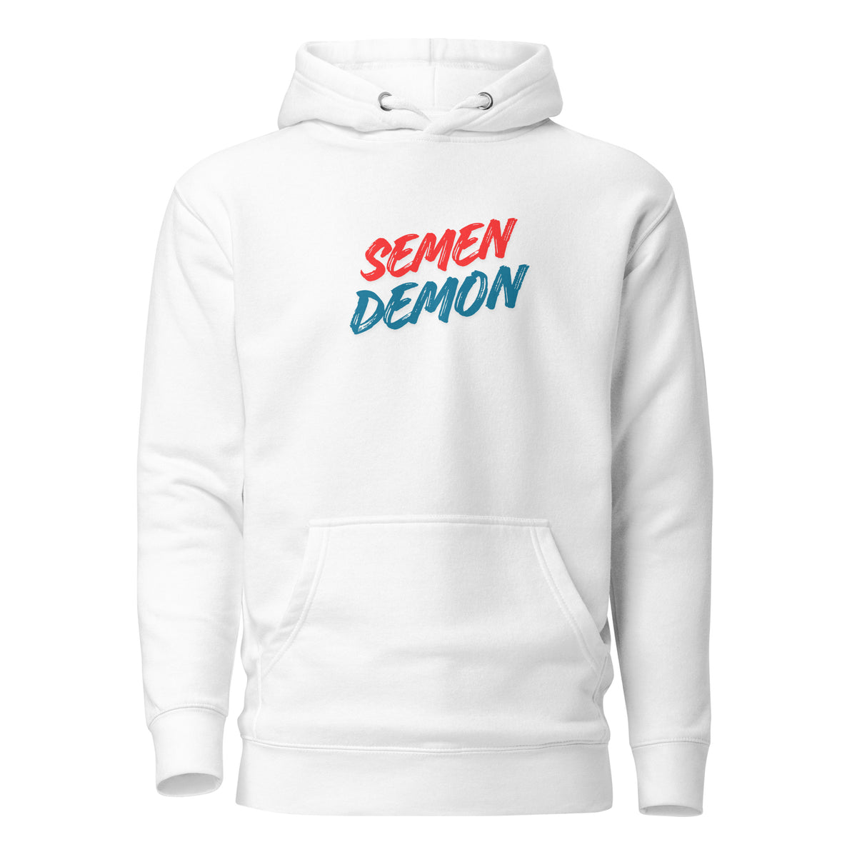 White hoodie with red and blue Semen Demon lettering, front view.