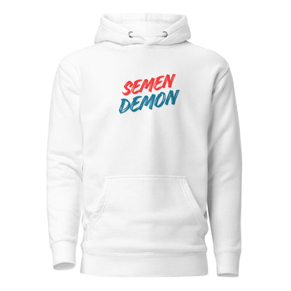 White hoodie with red and blue Semen Demon lettering, front view.