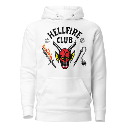 White hoodie, front view with Hellfire Club lettering and a red horned-face graphic.