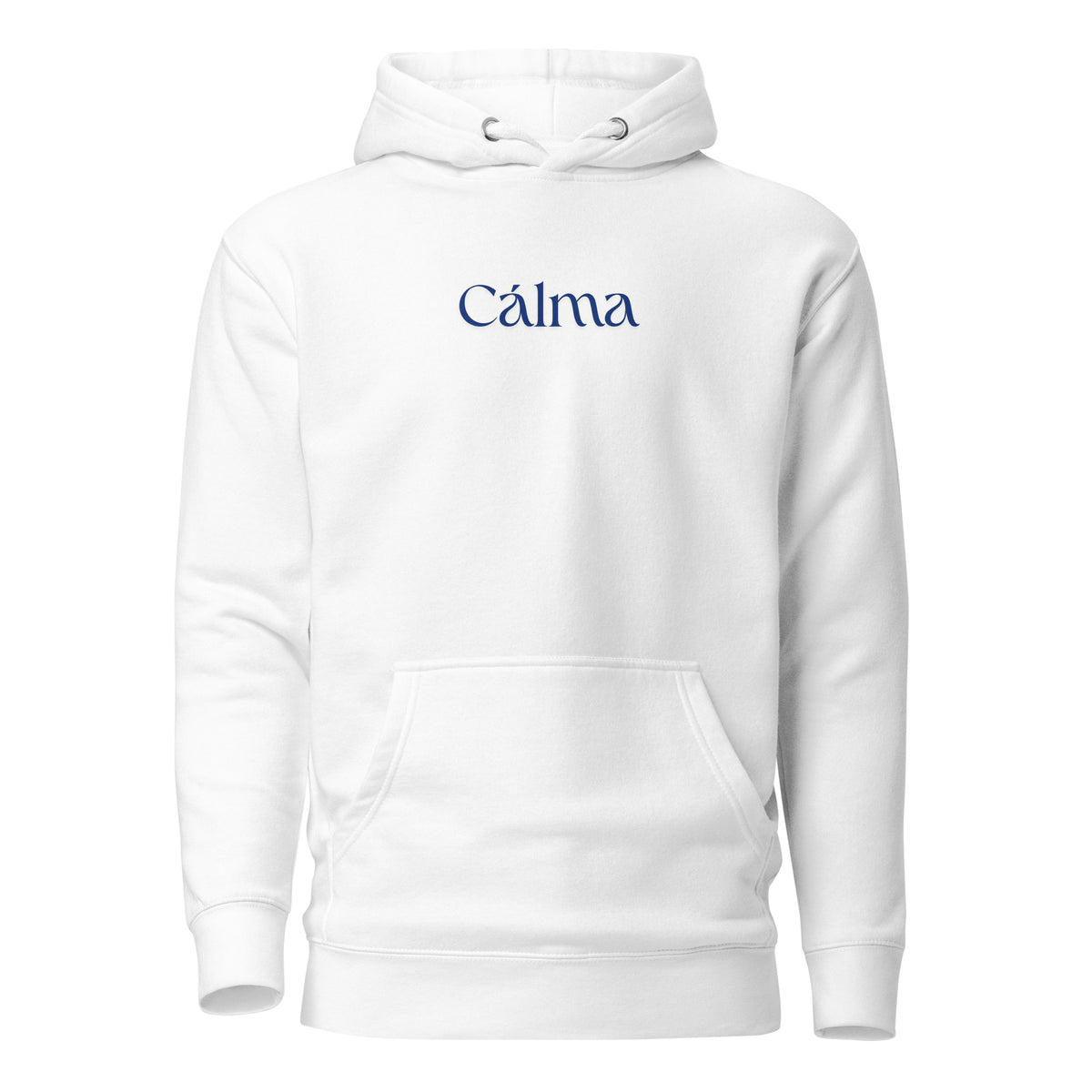 White hoodie with blue Calma lettering, front view.