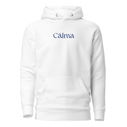 White hoodie with blue Calma lettering, front view.