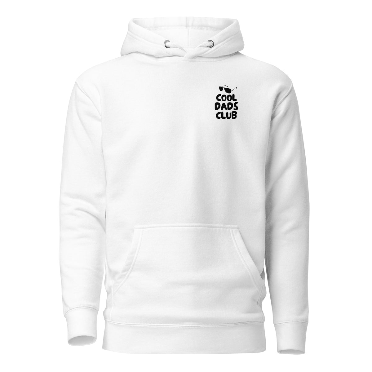 White hoodie with small black Cool Dads Club chest lettering, front view.