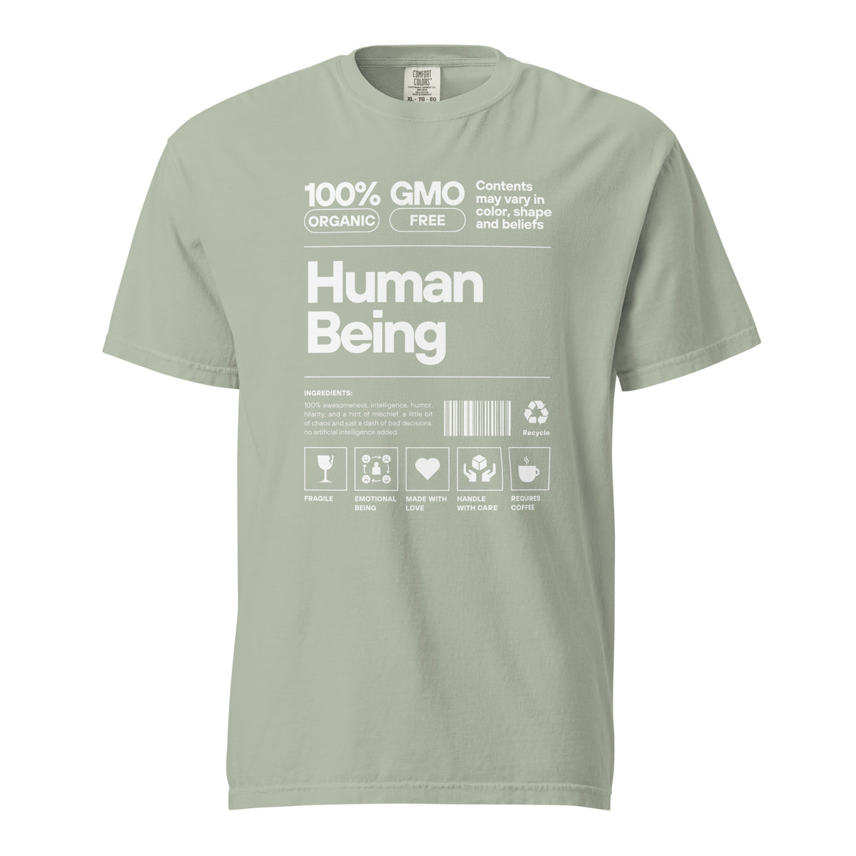 Bay T-shirt, front view, with a white label-style 'Human Being' design with small icons.