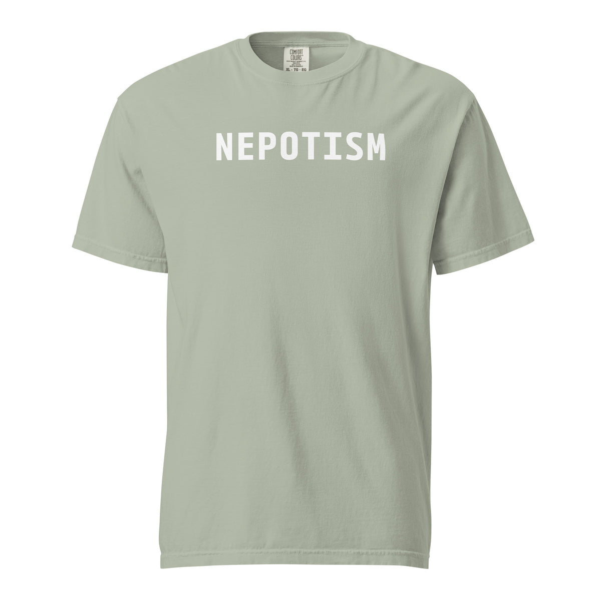 Bay T-shirt, front view with white "NEPOTISM" lettering.