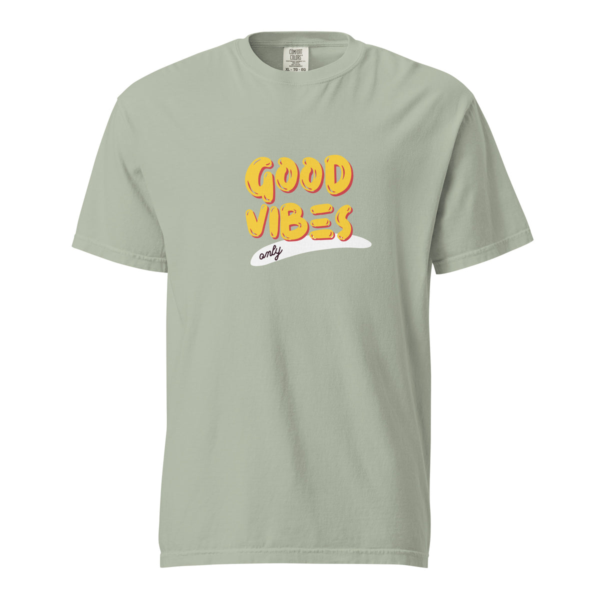 Bay T-shirt, front view with yellow "Good Vibes" lettering and a white underline.