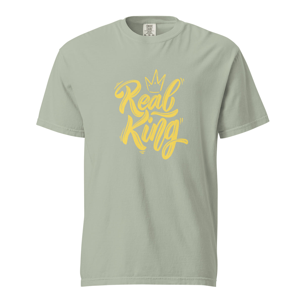 Bay T-shirt with yellow Real King script and crown, front view.