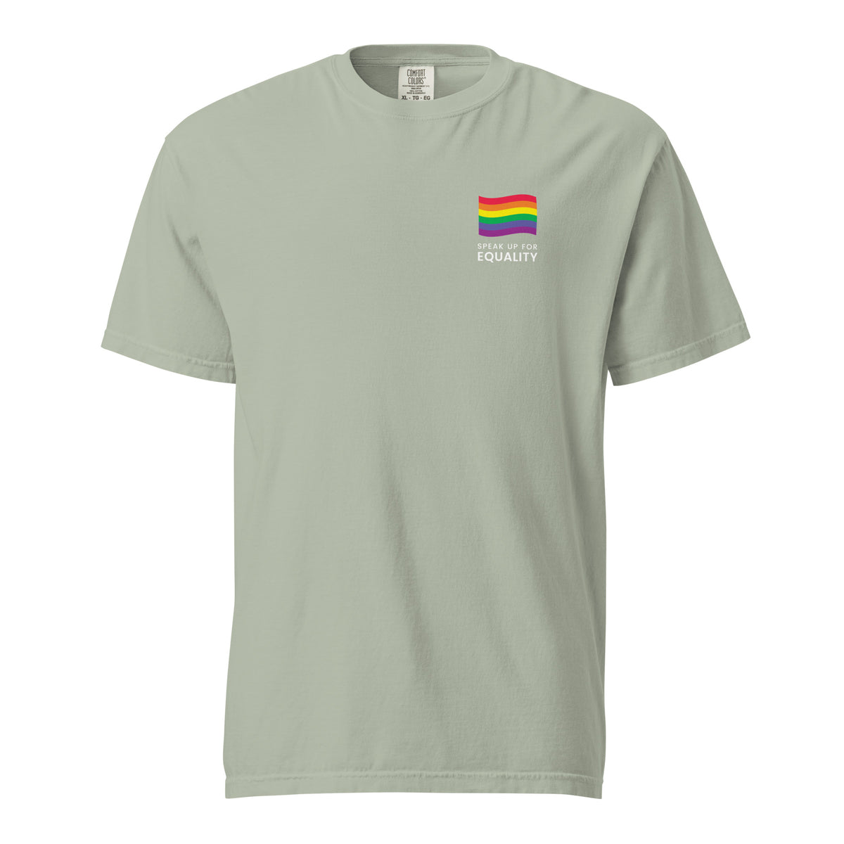 Bay T-shirt with a rainbow flag and equality message, front view.