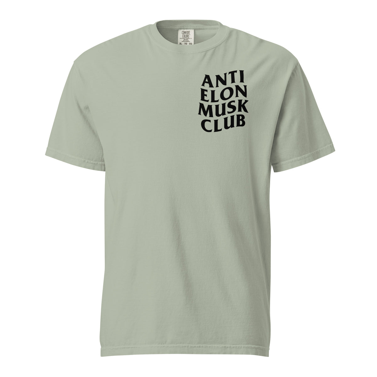 Bay T-shirt, front view with small black "Anti Elon Musk Club" chest lettering.