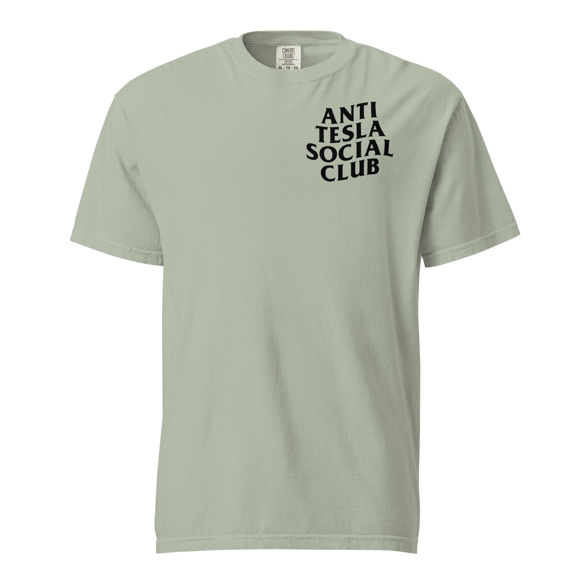 Bay T-shirt with black Anti Tesla Social Club lettering, front view with small chest lettering.