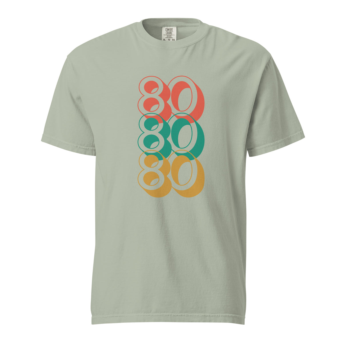 Bay T-shirt, front view with stacked red, green and yellow "80" numerals.
