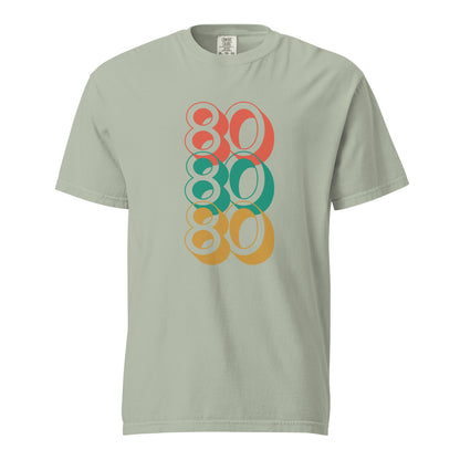 Bay T-shirt, front view with stacked red, green and yellow "80" numerals.