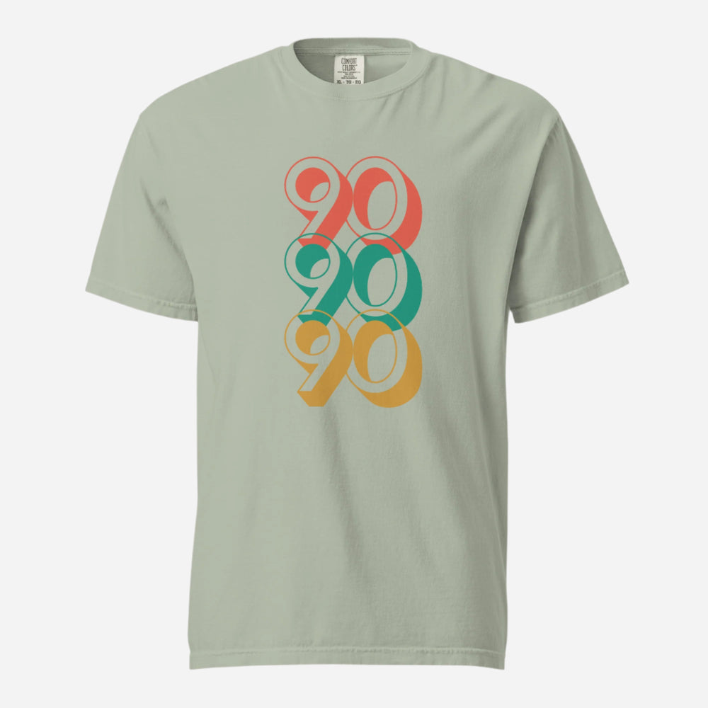 Bay T-shirt with stacked red, green and yellow 90 numerals, front view.