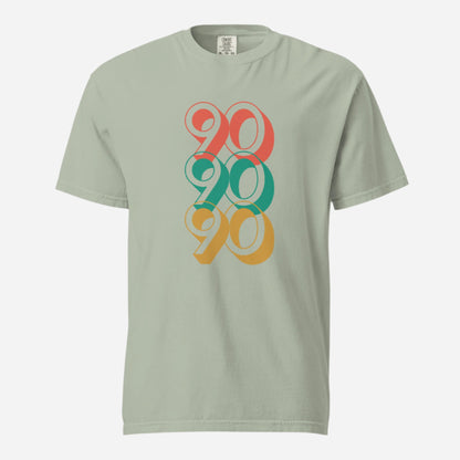 Bay T-shirt with stacked red, green and yellow 90 numerals, front view.