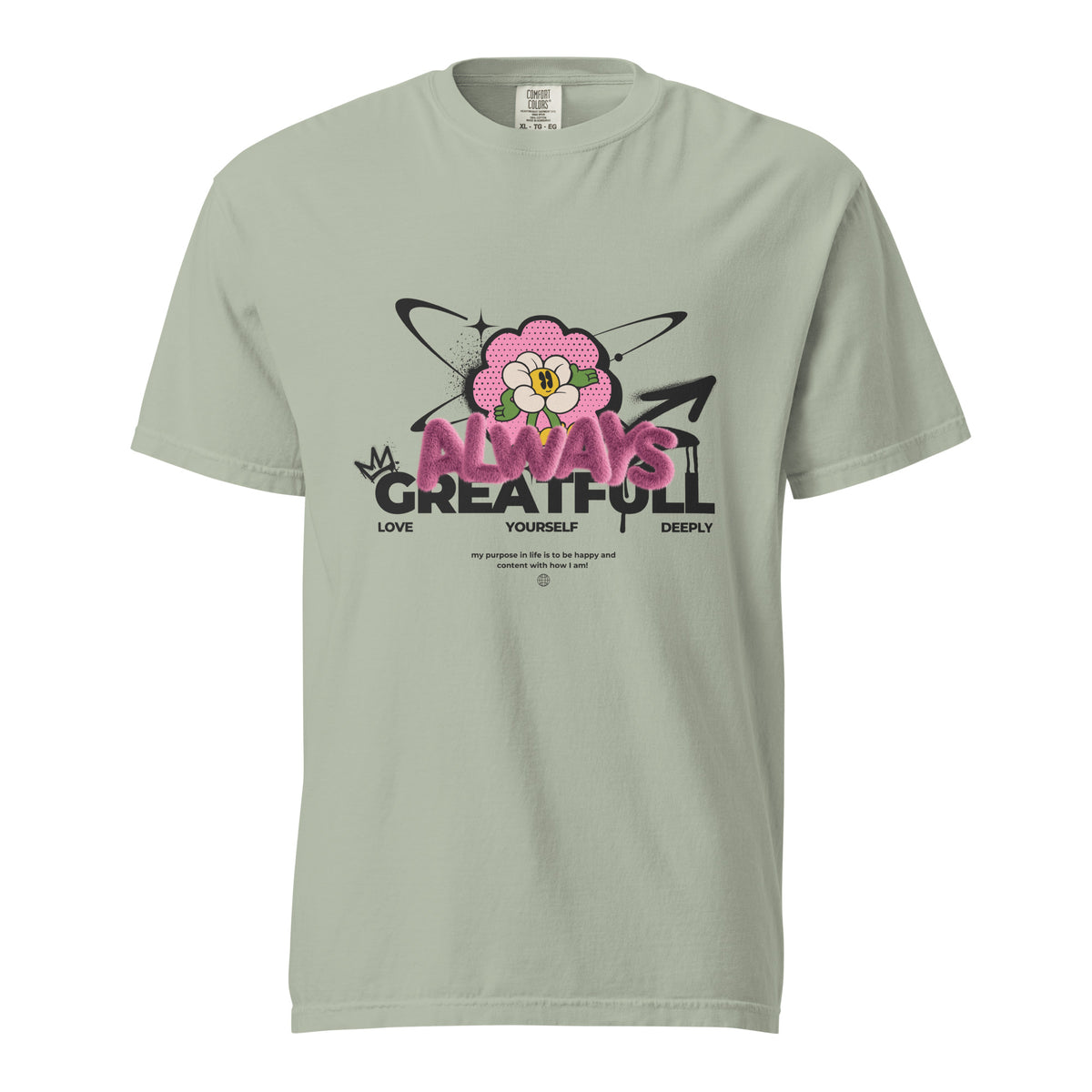 Bay T-shirt with a pink flower and Always Grateful lettering, front view.