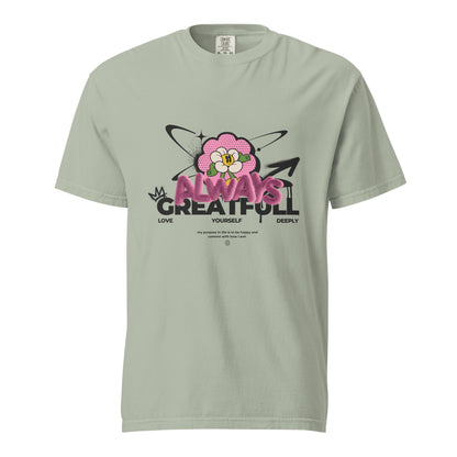Bay T-shirt with a pink flower and Always Grateful lettering, front view.