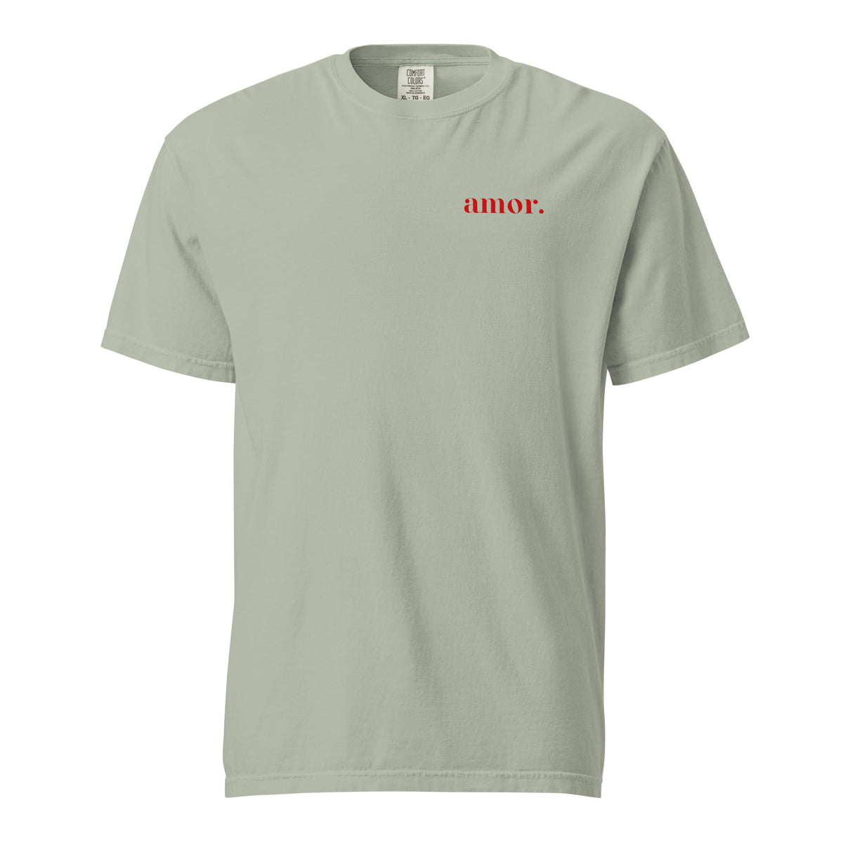 Bay T-shirt, front view, with small red 'amor.' lettering on the chest.
