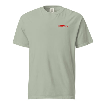 Bay T-shirt, front view, with small red 'amor.' lettering on the chest.