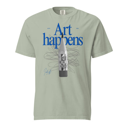 Bay T-shirt with blue Art Happens text and pencil graphic, front view.