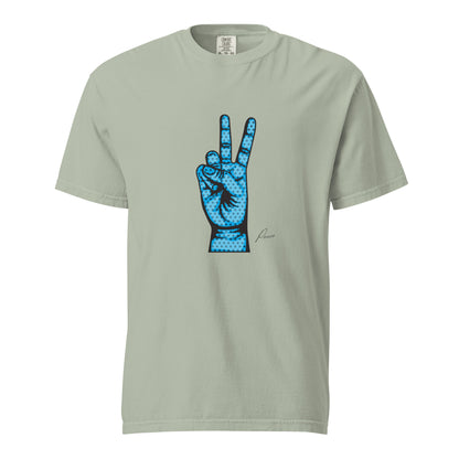 Bay T-shirt, front view, with an illustrated blue hand making a peace sign.