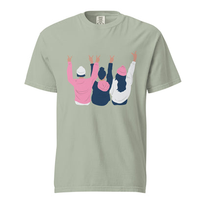 Bay T-shirt, front view with an illustration of three figures raising peace signs.