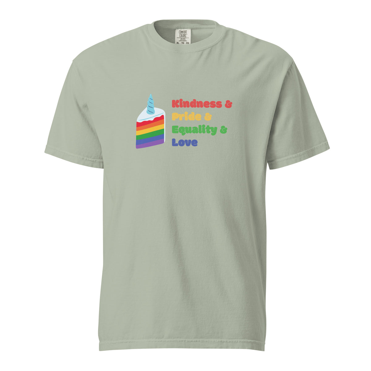 Bay T-shirt with a rainbow graphic and Kindness, Pride, Equality and Love text, front view.