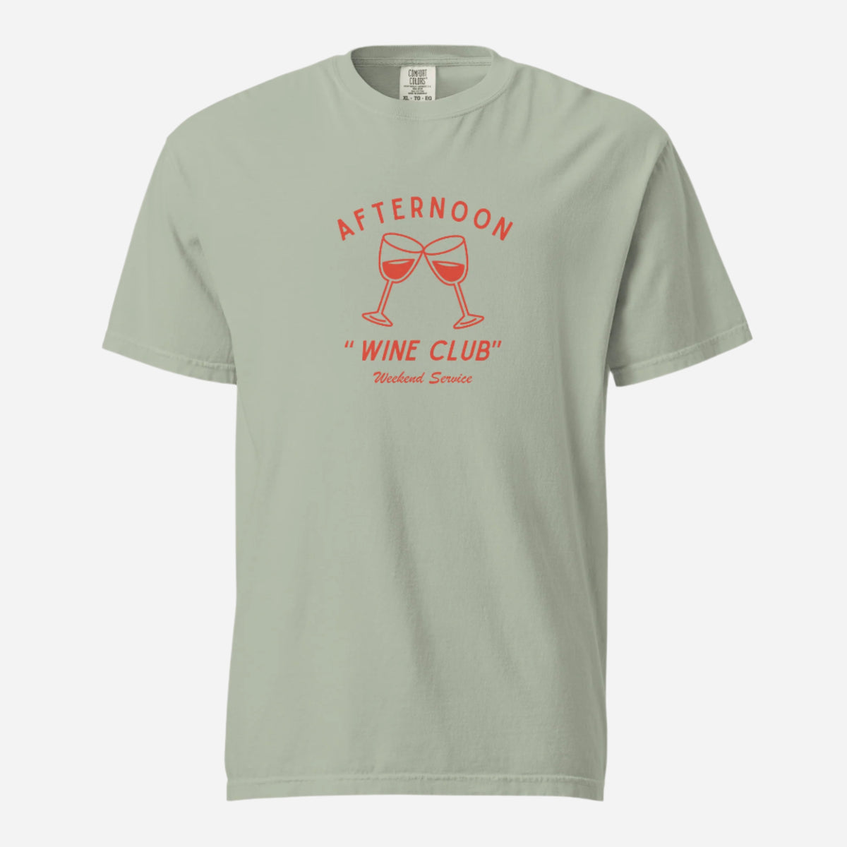 Bay T-shirt, front view with red wine-glass graphics and "Afternoon Wine Club" lettering.