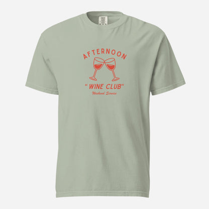 Bay T-shirt, front view with red wine-glass graphics and "Afternoon Wine Club" lettering.