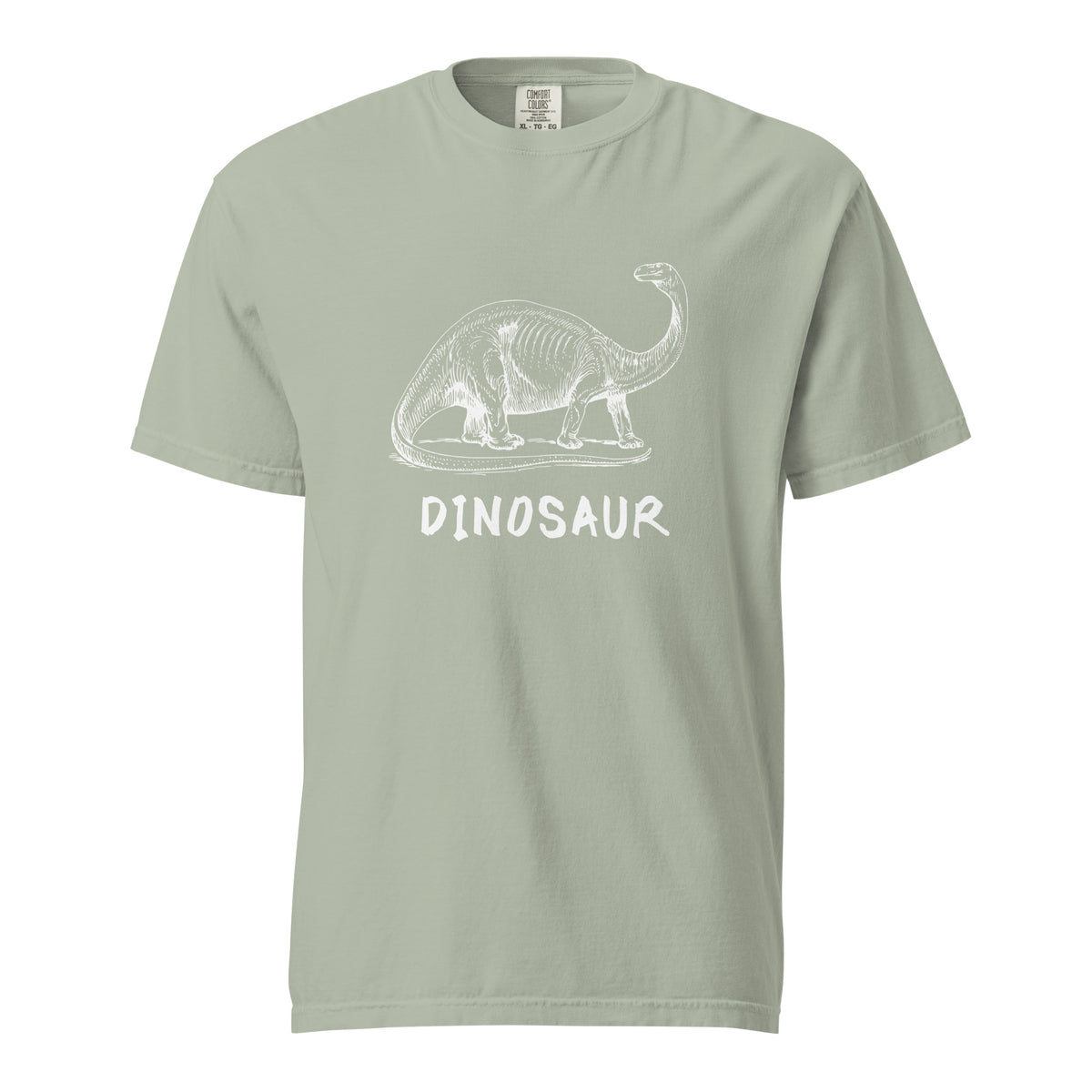Bay T-shirt with a white dinosaur illustration and Dinosaur lettering, front view.