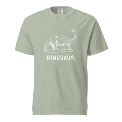 Bay T-shirt with a white dinosaur illustration and Dinosaur lettering, front view.