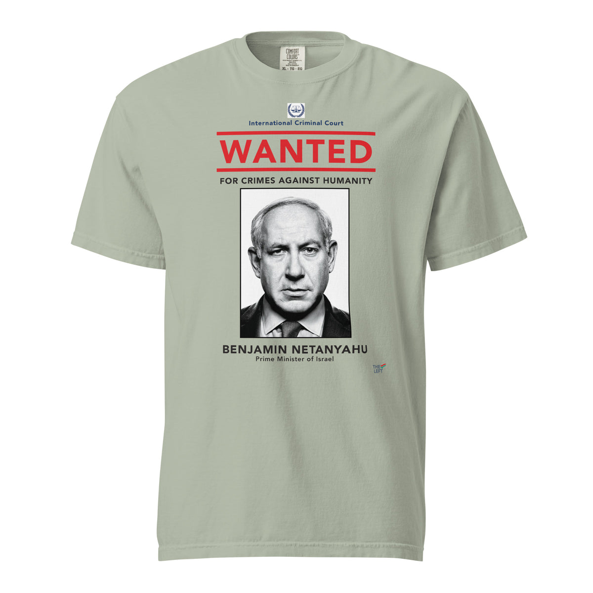 Bay T-shirt, front view, with a wanted-poster design with a monochrome portrait and red 'WANTED' text.