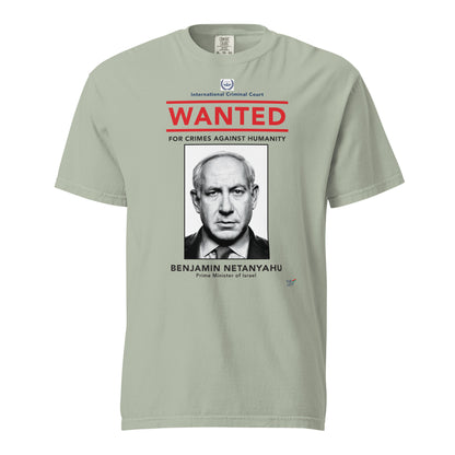 Bay T-shirt, front view, with a wanted-poster design with a monochrome portrait and red 'WANTED' text.