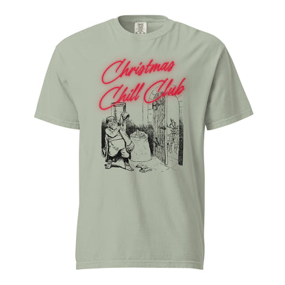Bay T-shirt, front view, with a seated Santa illustration beneath red 'Christmas Chill Club' script.