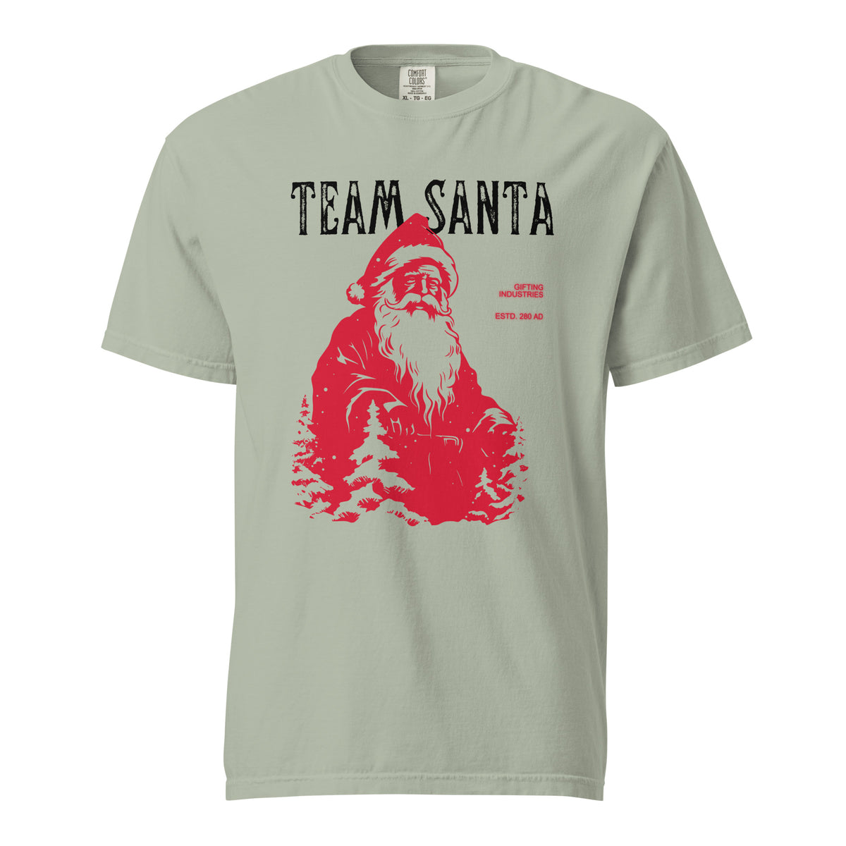 Bay T-shirt, front view, with a red Santa and tree illustration beneath black 'Team Santa' text.