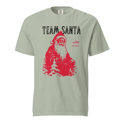 Bay T-shirt, front view, with a red Santa and tree illustration beneath black 'Team Santa' text.