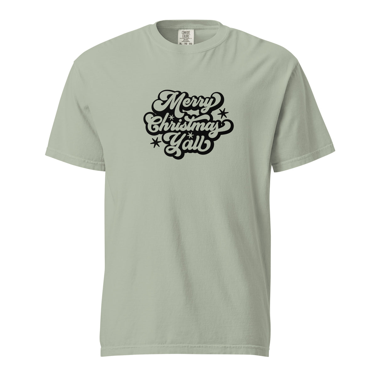 Bay T-shirt, front view, with black 'Merry Christmas Y'all' script and stars.