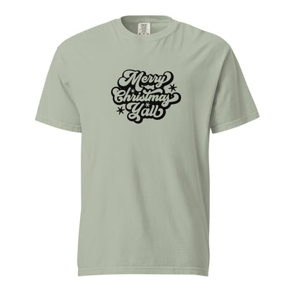 Bay T-shirt, front view, with black 'Merry Christmas Y'all' script and stars.