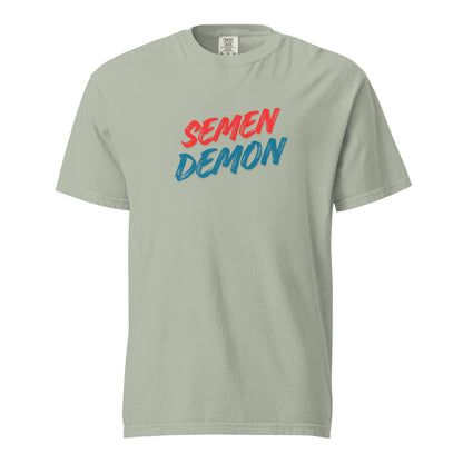 Bay T-shirt, front view, with red and teal 'Semen Demon' lettering.
