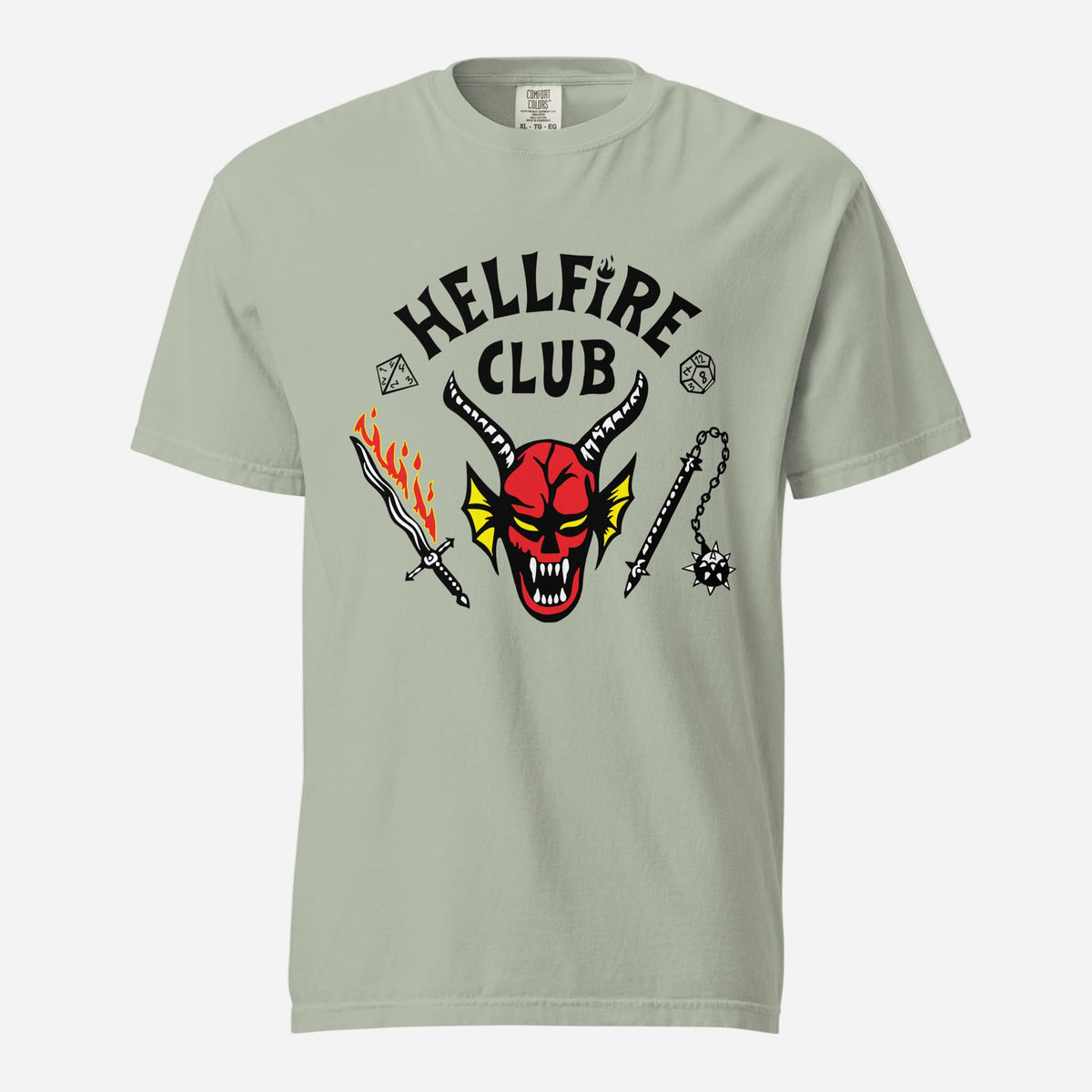 Bay T-shirt, front view, with a red horned face beneath black 'Hellfire Club' lettering.
