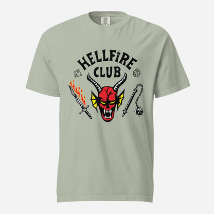 Bay T-shirt, front view, with a red horned face beneath black 'Hellfire Club' lettering.