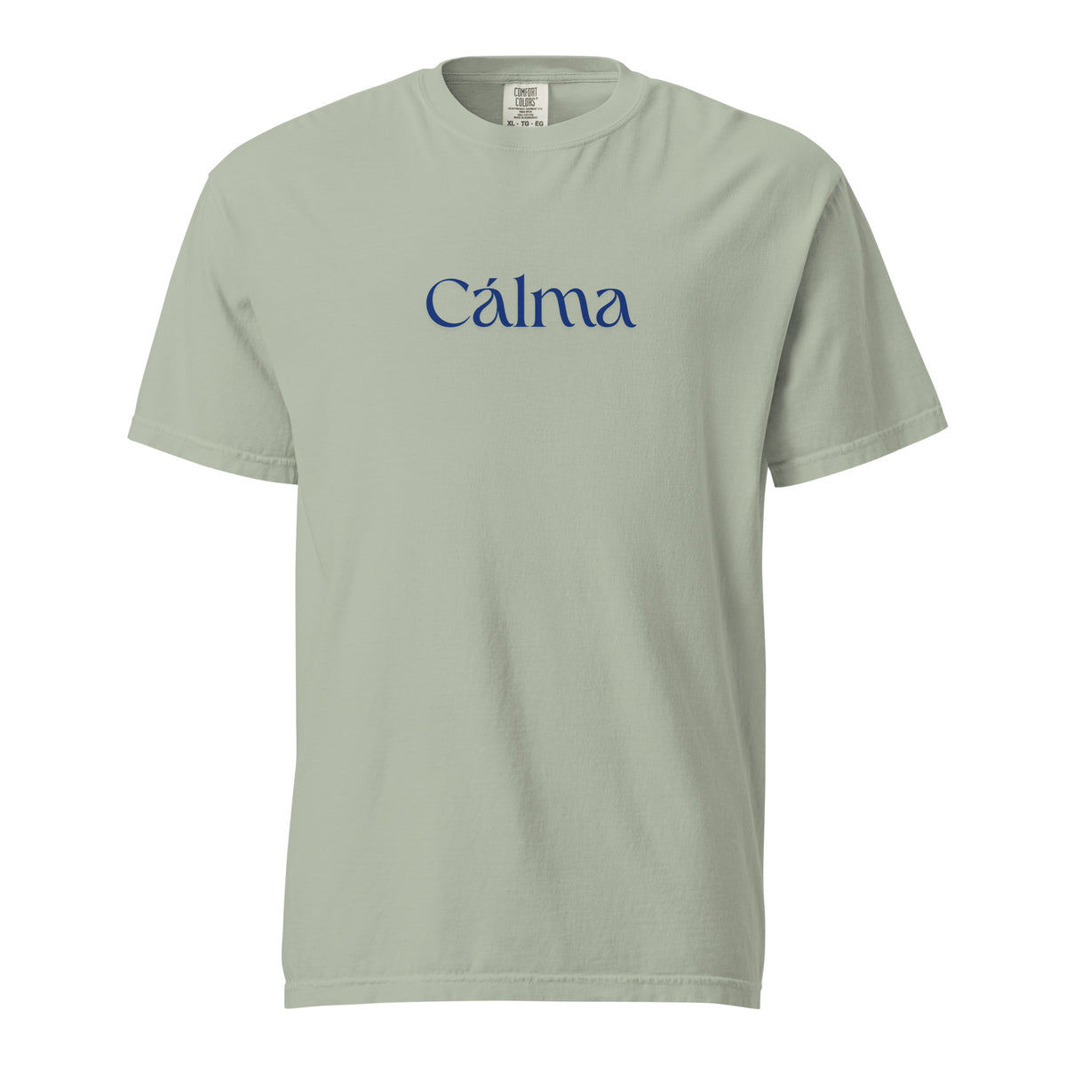Bay T-shirt, front view, with blue 'Calma' lettering.