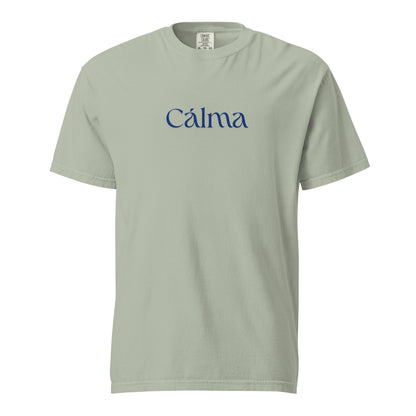 Bay T-shirt, front view, with blue 'Calma' lettering.