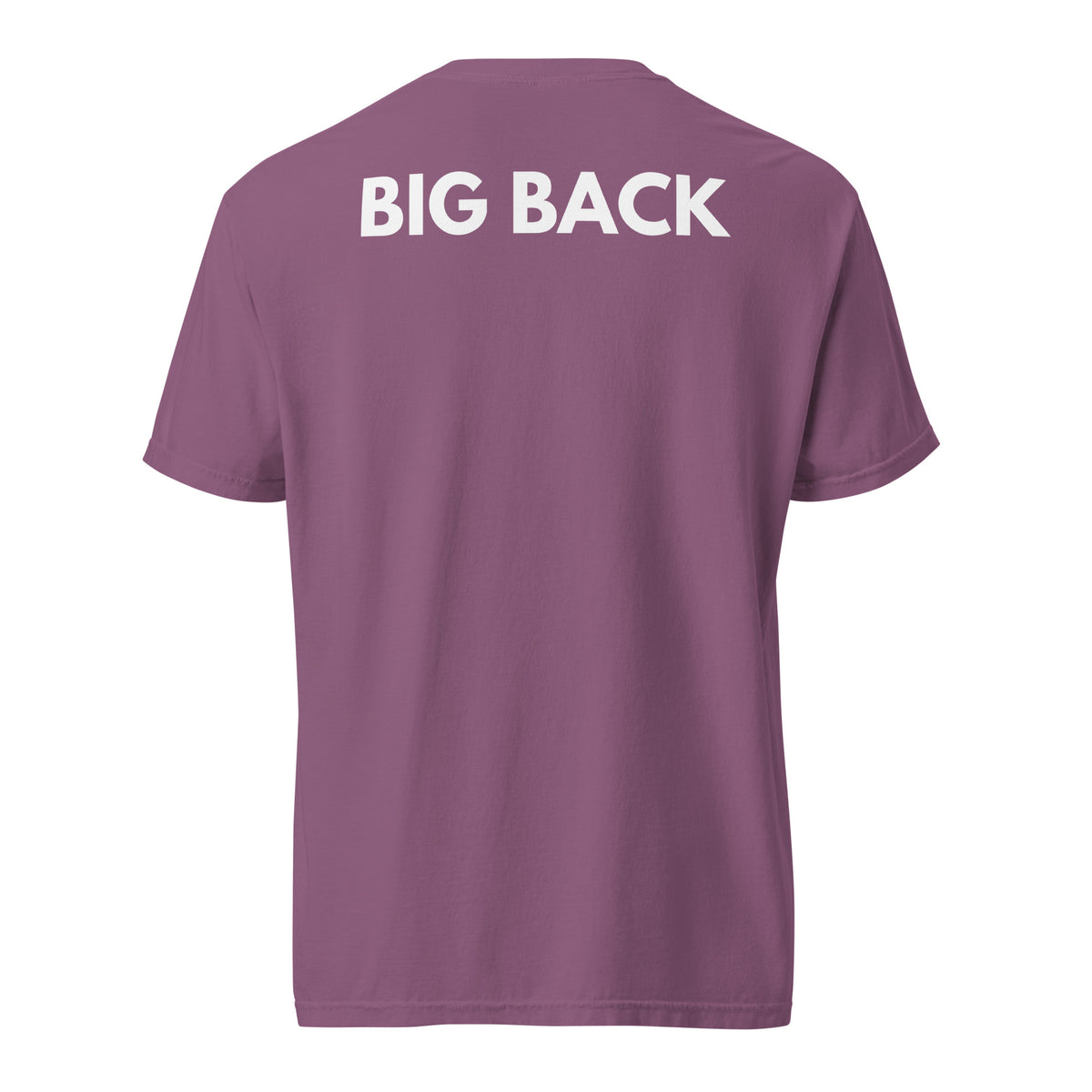Berry T-shirt with white Big Back lettering, back view.