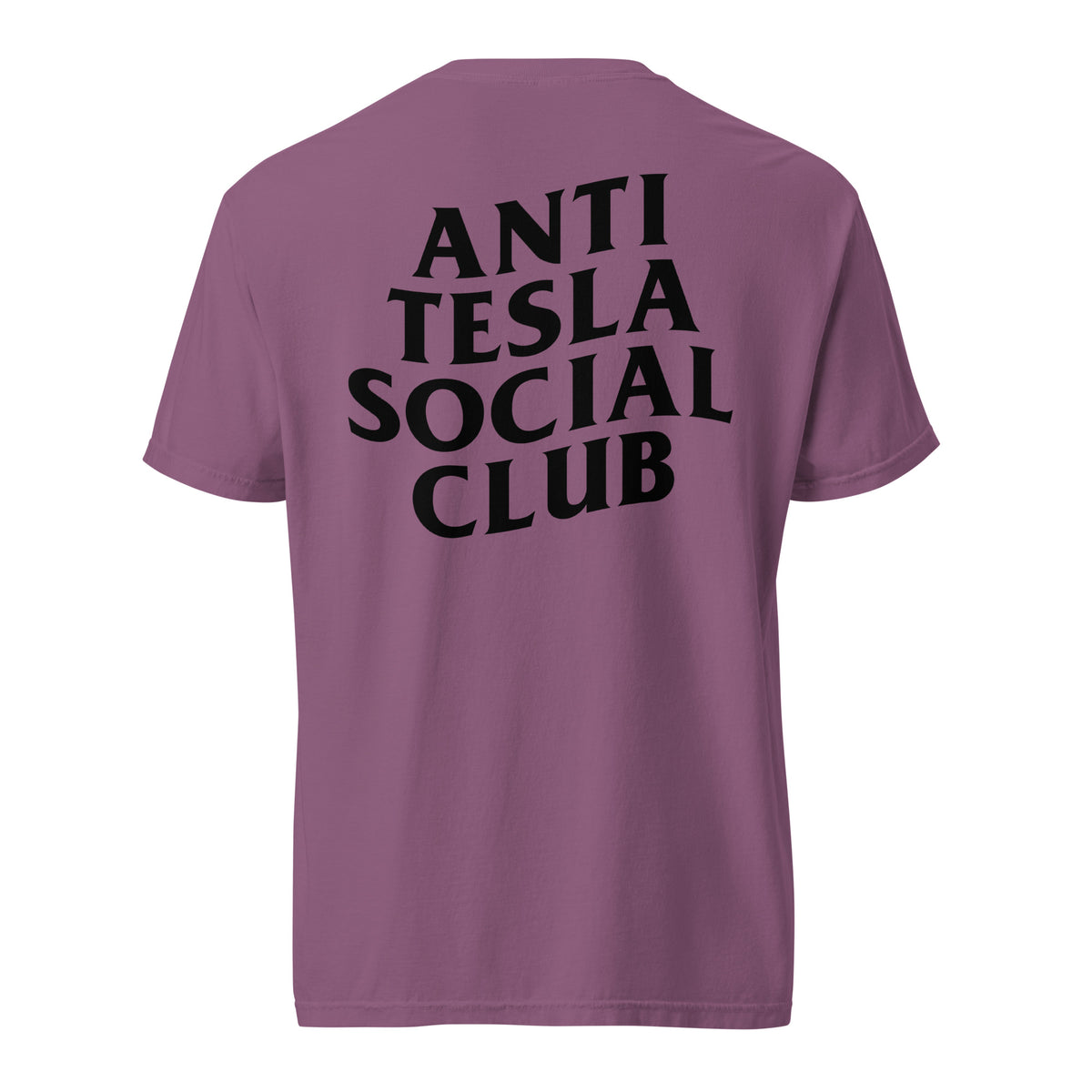 Berry T-shirt with black Anti Tesla Social Club lettering, back view.