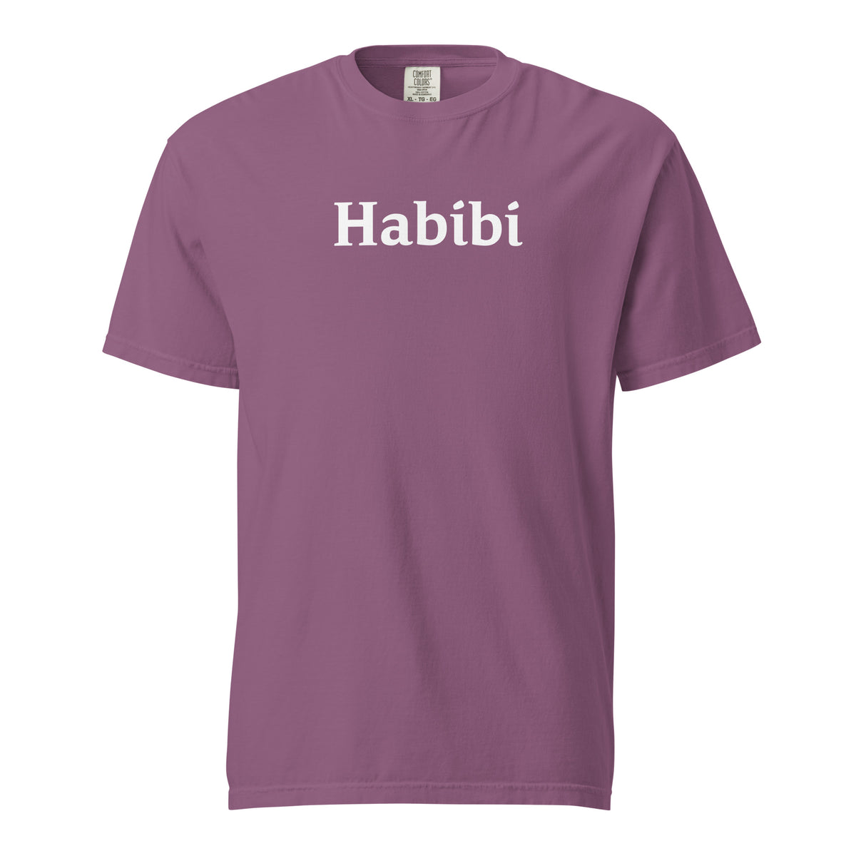 Berry T-shirt, front view with white "Habibi" lettering.