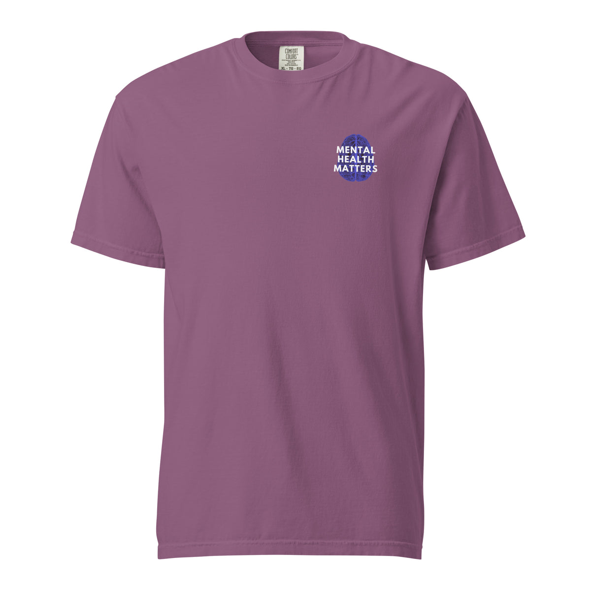 Berry T-shirt, front view with a small blue-and-white "Mental Health Matters" chest design.