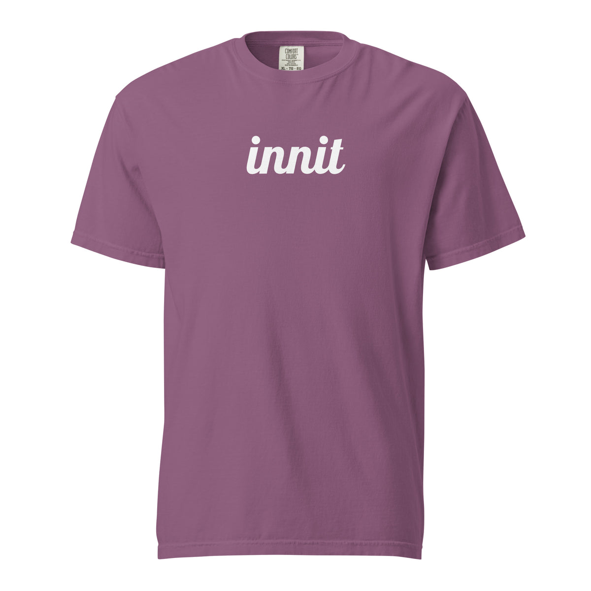 Innit T-shirt in Berry, front view with white "innit" lettering.